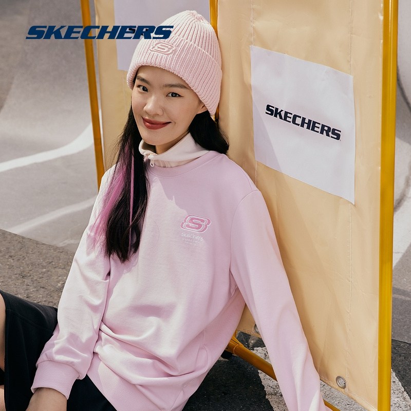 Skechers斯凯奇春卫衣女加绒白色圆领情侣装套头宽松百搭男上衣