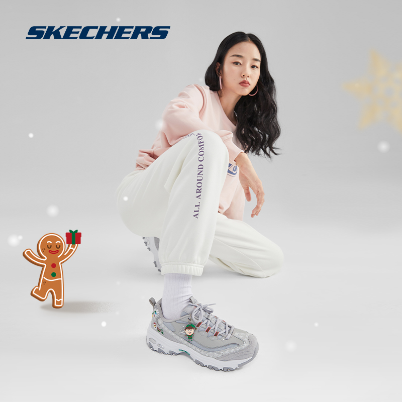 Skechers斯凯奇圣诞系列老爹鞋麋鹿图案增高厚底复古休闲运动女鞋