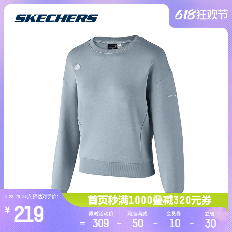 Skechers斯凯奇2024春季新款女士宽松针织套头卫衣落肩蝙蝠袖上衣