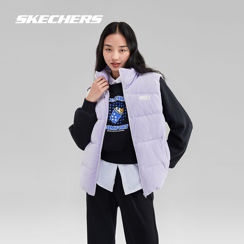 Skechers斯凯奇羽绒马甲款黑色百搭男女同款防泼水立领舒适背心 - 图3