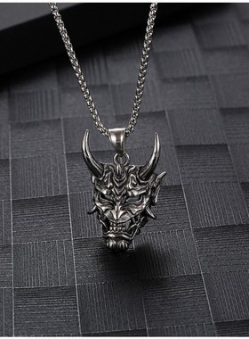 暗黑复古日本般若面具项链 长角大鬼王不锈钢吊坠个性男女毛衣链