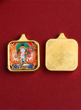 【匠心手绘】钛钢小唐卡盒扎基拉姆黄财神小吊坠佛牌八大守护神唐