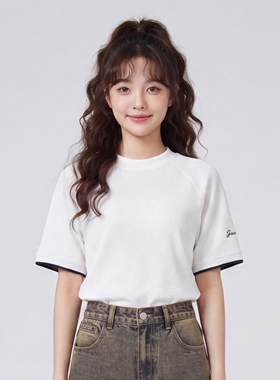 撞色边小标假两件短袖T恤男女