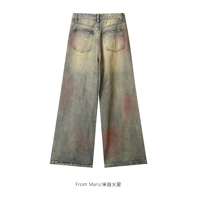 From Mars 重新鉴定 美式复古做旧阔腿慵懒男女宽松百搭牛仔长裤 - 图0