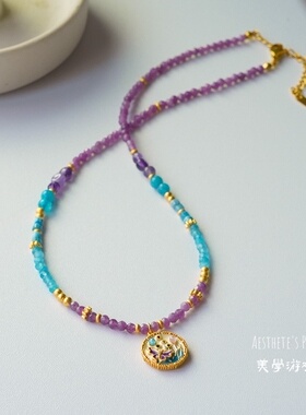 复古珐琅蝴蝶彩色天然石锁骨链