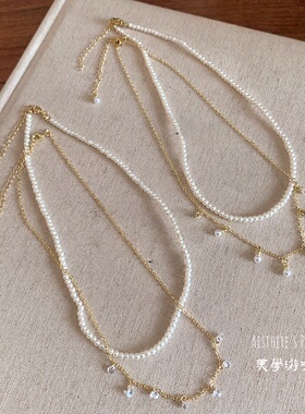 韩系轻奢双层仿珍珠锁骨链女