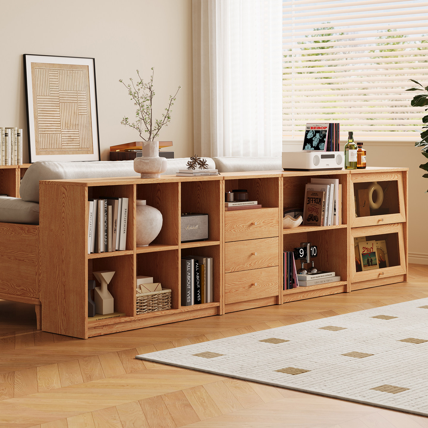 木兜家具多乐组合柜实木书柜置物收纳储物矮柜落地书架家用餐边柜,淘宝优惠券,粉丝福利购,淘宝优惠卷