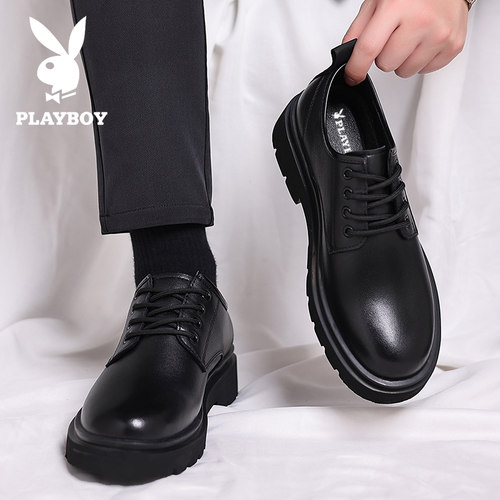 花花公子皮鞋男款冬季加绒真皮休闲鞋黑色工作商务正装结婚新郎鞋 - 图1
