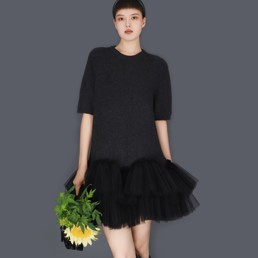 TEATREE24秋原创网纱拼接羊毛连衣裙A字裙宽松显瘦毛衣针织鱼尾裙 - 图1