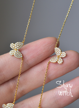 SHAW原创设计小众INS风18K黄金复古浪漫三个蝴蝶锁骨链项链首饰