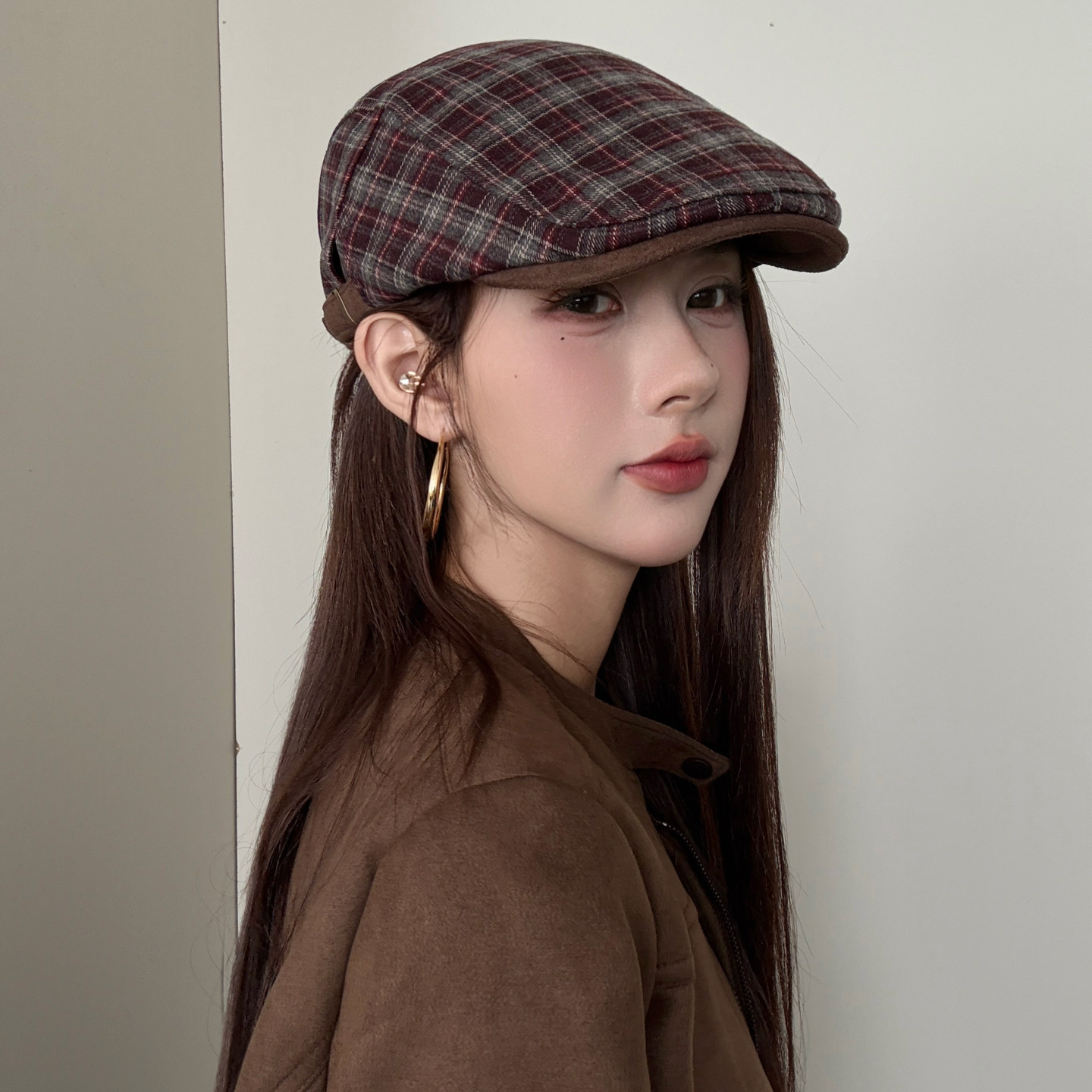 复古英伦格纹前进帽子女秋冬优雅反戴贝雷帽显脸小百搭八角帽男潮