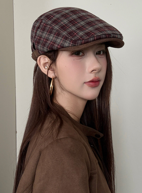 复古英伦格纹前进帽子女秋冬百搭