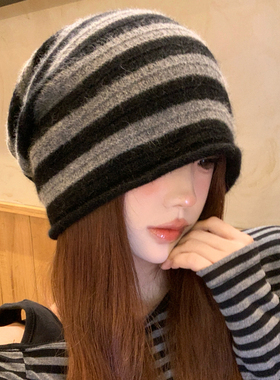 撞色条纹毛线堆堆帽女秋冬季百搭