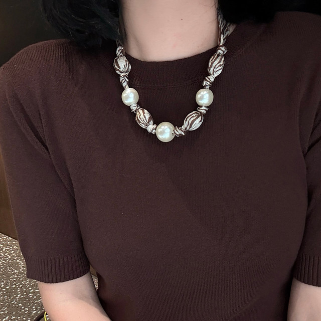 Zebra print pearl pull button beaded silk scarf necklace