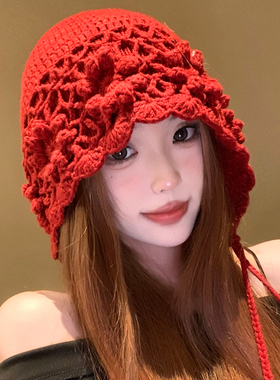 手工钩花双层流苏毛线包头帽女冬