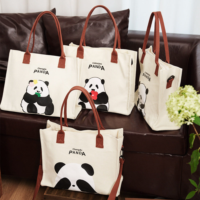 可爱新款学生熊猫印花大容量可装A4通勤帆布包单肩包女布包提花,淘宝优惠券,粉丝福利购,淘宝优惠卷