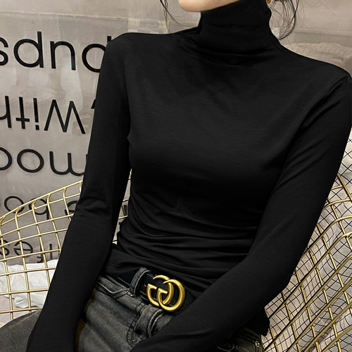 莫代尔高领打底衫女2025新款春秋冬内搭堆领长袖T恤爆款黑色上衣 - 图3