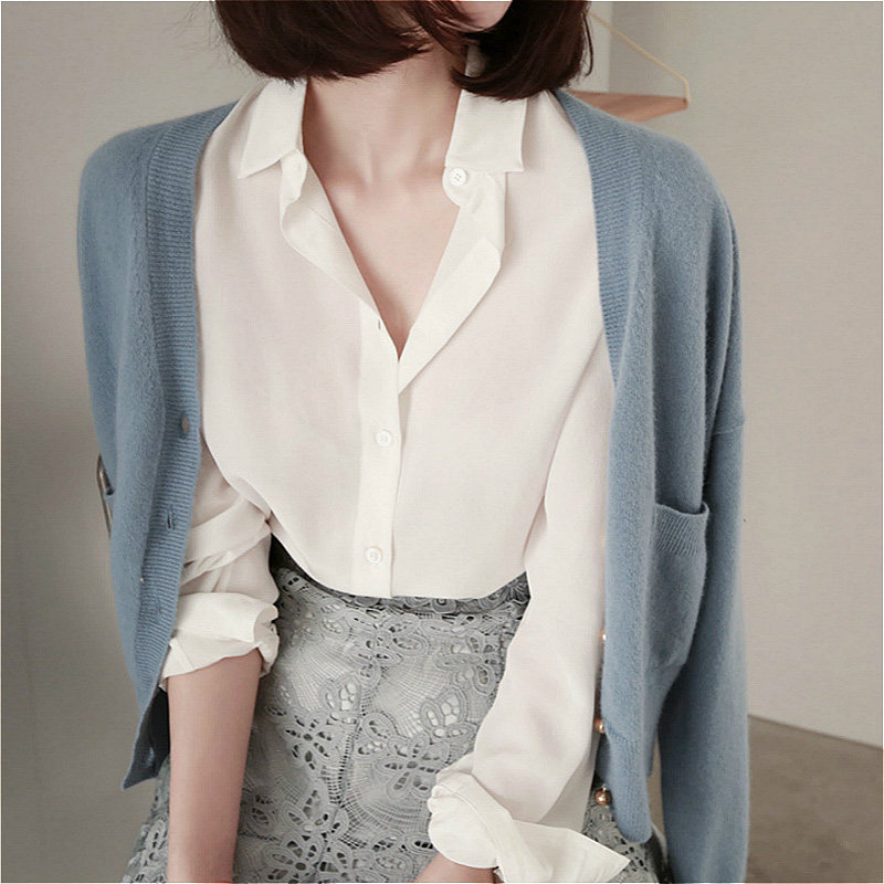 雪纺长袖韩国简约设计感小众白衬衫 5e衬衫