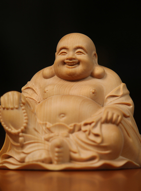 正宗小叶黄杨木雕刻弥勒佛像笑佛工艺品家用摆件客厅装饰工艺造像