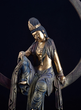 迎善永安日月光观音菩萨彩绘木雕造像定制家居客厅观世音佛像摆件