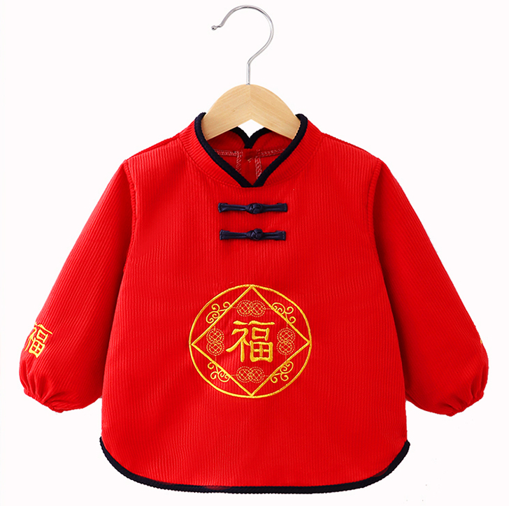 Chinese style New Year's baby eating smock waterproof and anti-dirty children's bib autumn and winter outer wear foreign style cute corduroy