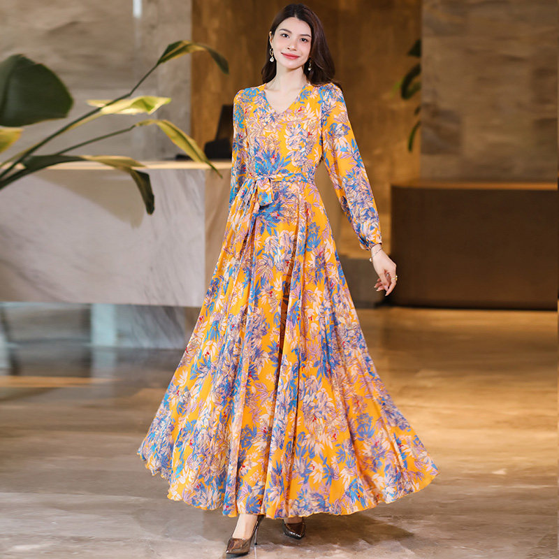 2025年春秋冬新款优雅女士长袖印花连衣裙显瘦长裙雪纺裙子沙滩裙,淘宝优惠券,粉丝福利购,淘宝优惠卷