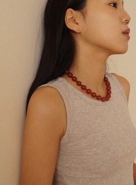 新中式红色玛瑙串珠项链气质轻奢高级感简约元宝扣大小珠锁骨链女
