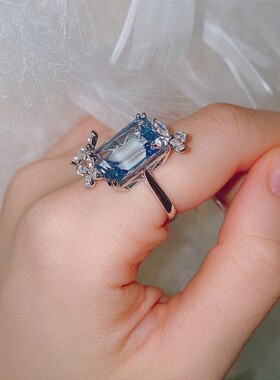 韩雪同款大克拉仿天然蓝托帕石925银戒指奢华鸽子蛋10x14方形批发