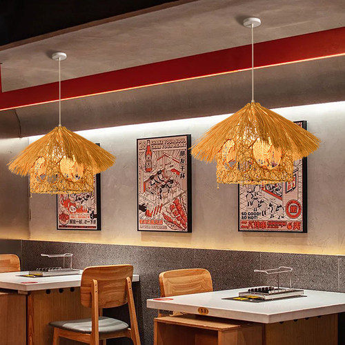 藤艺吊灯日系餐厅饭店卧室客厅个性创意手工编织草帽竹编竹艺灯罩 - 图0