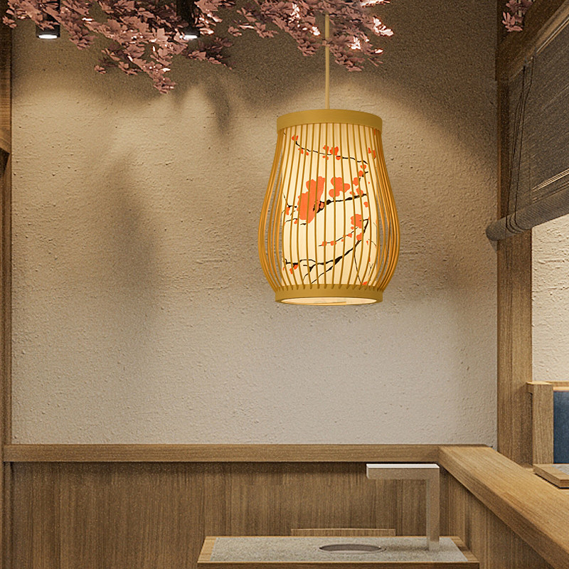 日式竹艺竹编吊灯现代书房卧室餐厅茶室客栈ins创意小吊灯笼实木_虎窝淘