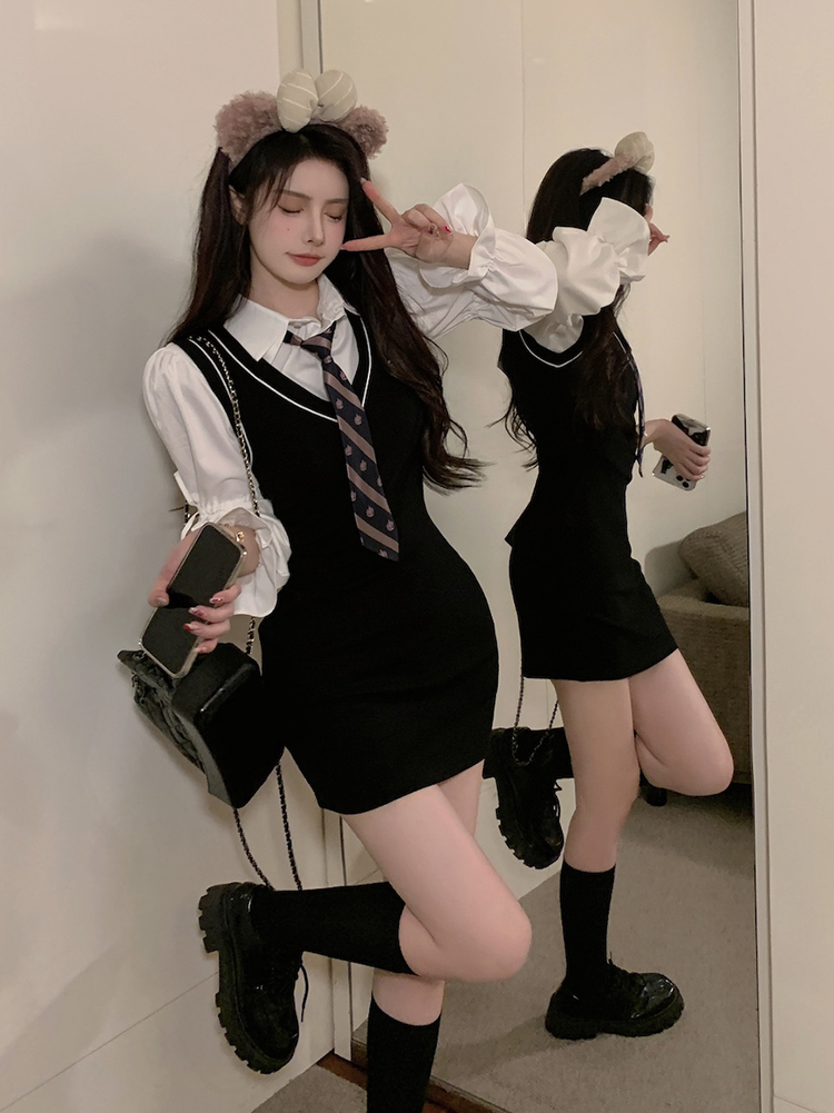 美式辣妹学院风jk制服套装女长袖衬衫+收腰包臀连衣裙纯欲两件套 - 图0