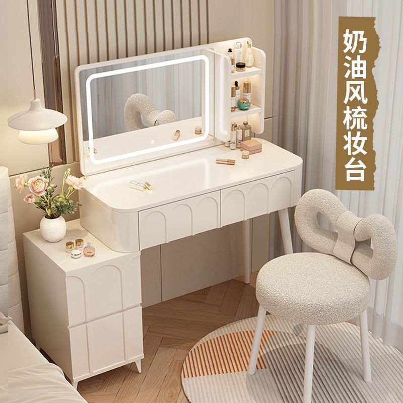梳妆台奶油风卧室现代简约小户型化妆桌床头收纳斗柜书桌镜子一体