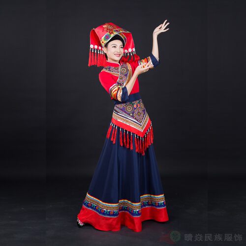 晴焱新款 壮族民族服装红色铜鼓刺绣民族风长裙礼仪舞蹈服装女 - 图1