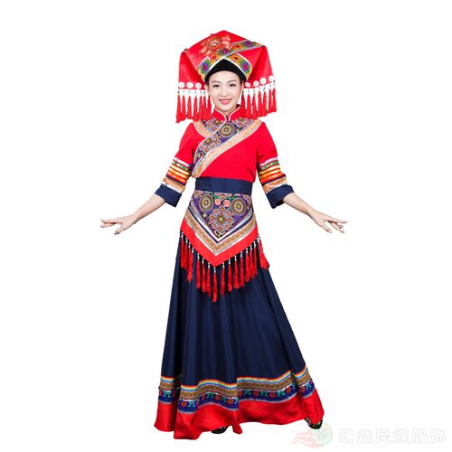晴焱新款 壮族民族服装红色铜鼓刺绣民族风长裙礼仪舞蹈服装女 - 图3
