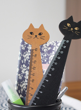 创意可爱猫咪木质尺子绘图制图刻度尺学生文具韩版木质手账猫脸尺