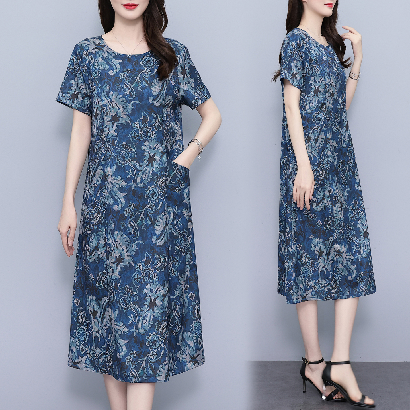 中老年短袖碎花连衣裙大码女装宽松显瘦真丝桑蚕丝妈妈衣服裙子夏