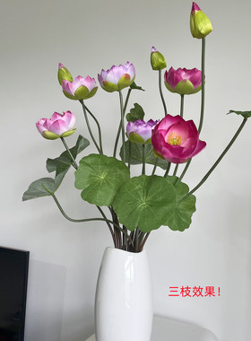 禅意仿真荷花三头绢布佛堂摆件