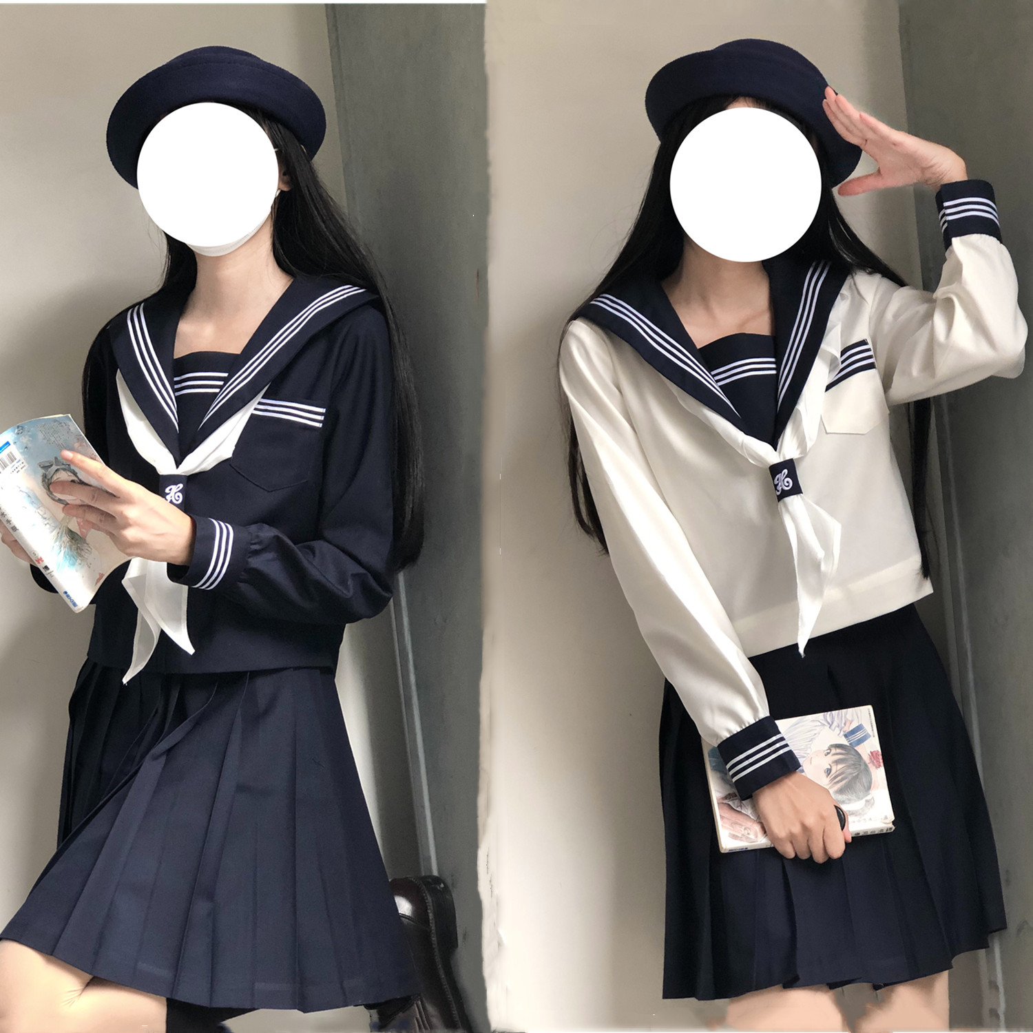 现货基础款jk制服绀三本水手服中间服日系长袖学院风夏季短袖套装 - 图1