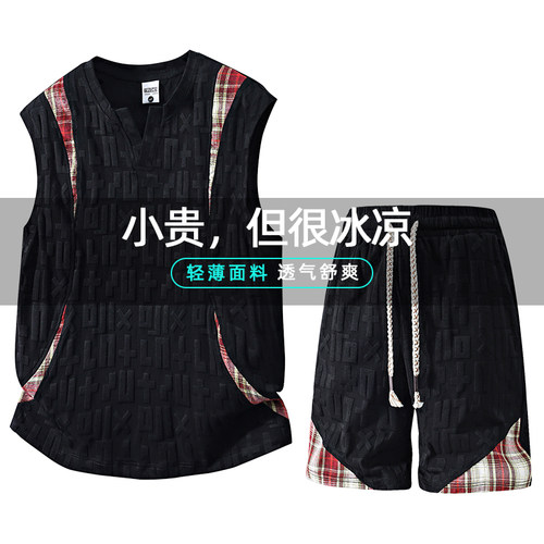 DJUESEN胖男生夏季男士大码背心短裤两件套休闲运动套装透气无袖t - 图2
