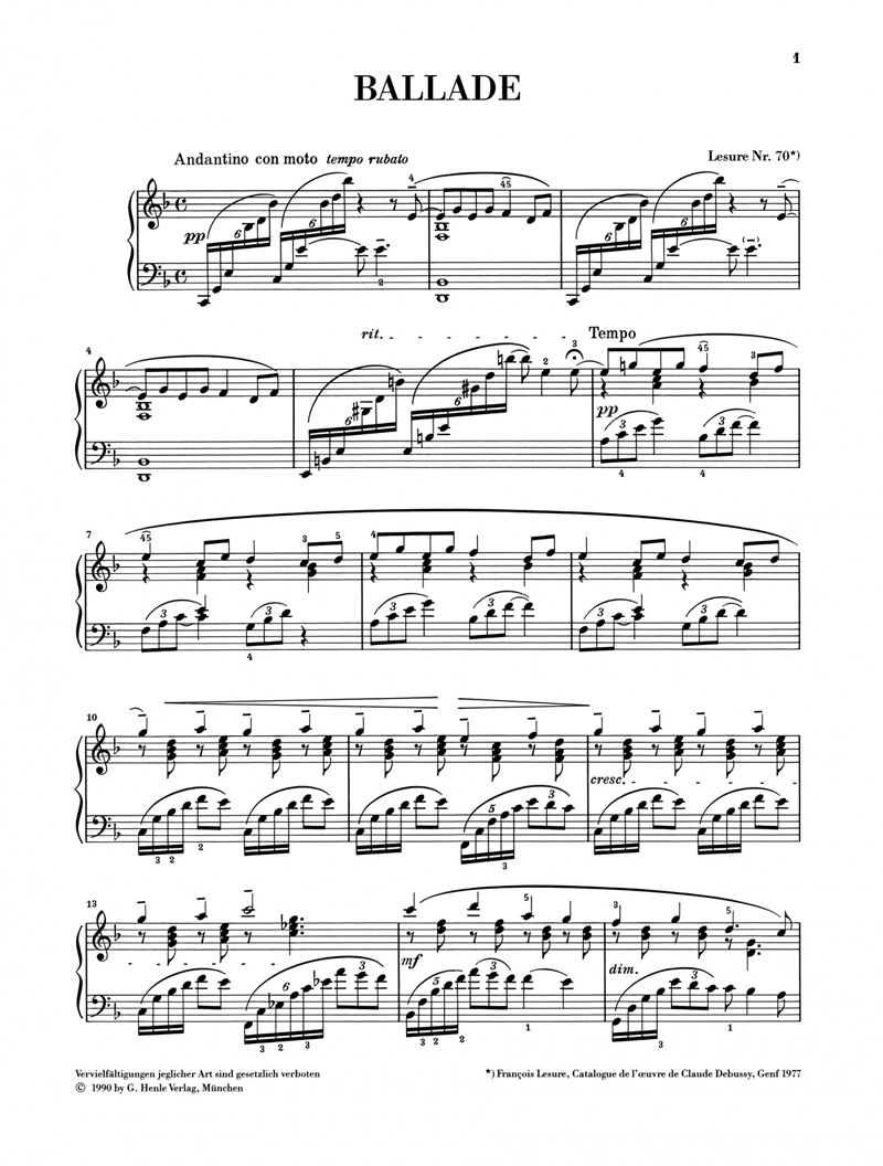 亨乐原版 德彪西叙事曲 Debussy Ballade 钢琴谱带指法 HN403 - 图1