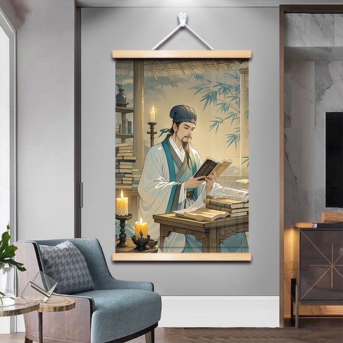 诸葛亮画像茅庐夜读客厅办公室装饰中式励志创意卷轴画挂画高清 - 图3