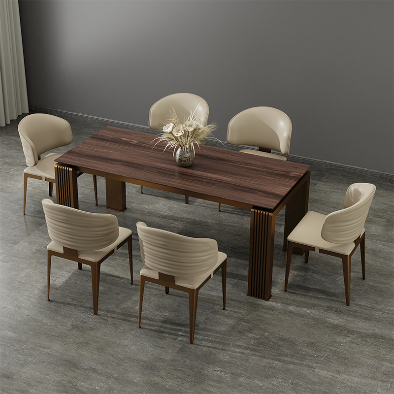 意式极简不锈钢金属饭桌现代轻奢餐厅白蜡木家具长方形黑胡桃餐桌