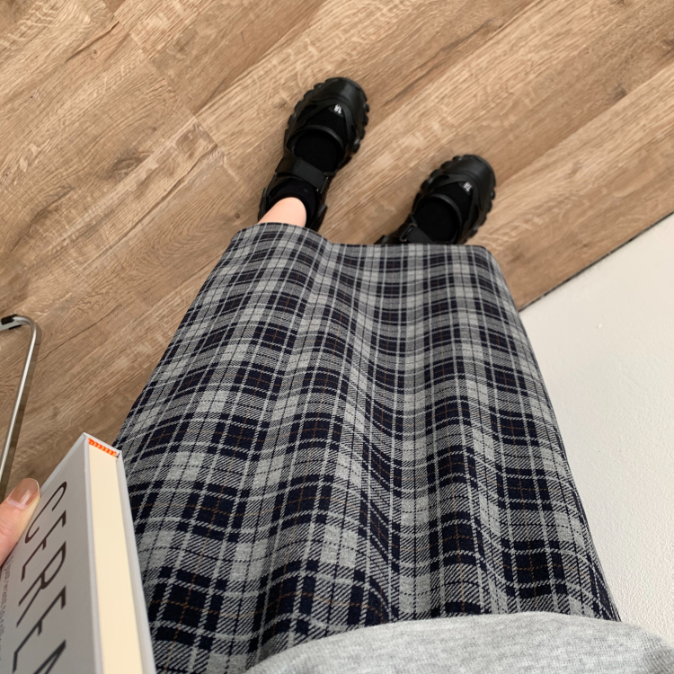 大码格子半身裙过膝长裙毛呢后开叉包臀裙