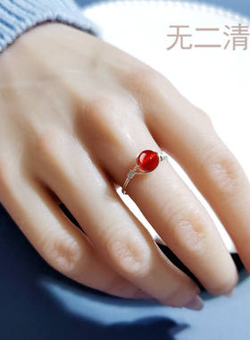 手工999足银红玛瑙戒指女轻奢简约小众百搭送女友
