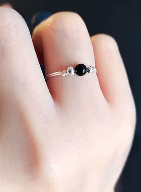 【纯手工】999足银手工戒指女黑玛瑙减负胖手大号细款小指尾戒