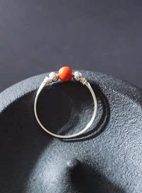 【本命年】手工朱砂99足银戒指女转运珠纳福细款小指胖手大码