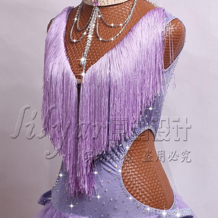 拉丁舞青少年女少儿比赛服演出服表演服舞裙镂空浅紫色流苏百褶裙 - 图0