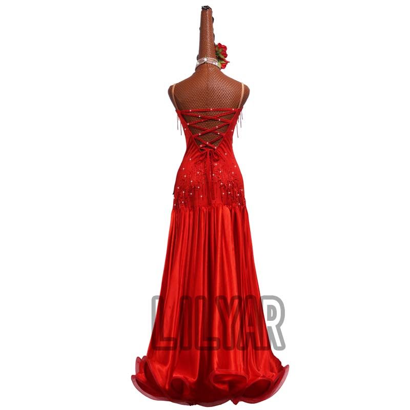 新款高档摩登舞比赛服演出服表演服大摆鱼骨卷边舞裙红色绣花水晶,淘宝优惠券,粉丝福利购,淘宝优惠卷