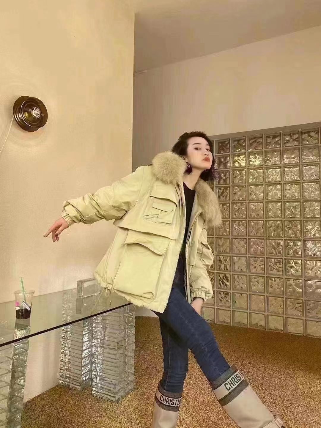 短款羽绒服女2023新款派克服大毛领