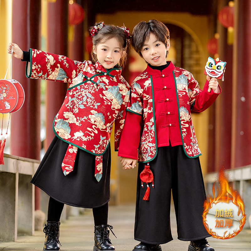 男童加绒汉服拜年服秋冬季儿童女童宝宝红色喜庆新年衣服唐装童装 - 图2
